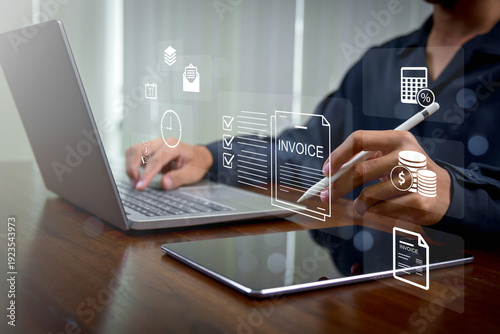  E-invoice and online digital statements concept. Digital Invoice Approval and Payment in Accounts Payable, managing online billing, payments, accounting, and financial data analytics.
