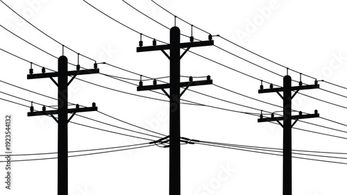 Electric power line poles silhouette illustration, high voltage transmission wires network, energy distribution infrastructure industrial concept