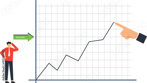 Business growth graph showing financial success and income increase, market analysis data visualization with pointing hand, confused businessman observing upward trend