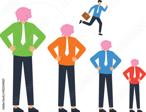 Piggy bank figures standing financial saving business people corporate structure running businessman financial freedom investment growth money management wealth accumulation