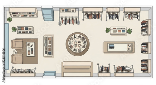 Detailed top-down view of a retail store layout with various displays and furniture.