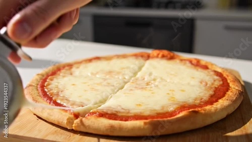 Hand holding a freshly baked cheesy pepperoni pizza in a pan taken from the oven