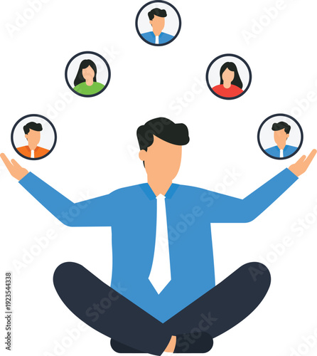 Business management team organization human resources employee juggling multitasking skill project balancing corporate leadership sitting position flat design modern concept