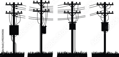Electric utility poles with transformers silhouette set, overhead power transmission lines network, energy distribution infrastructure concept