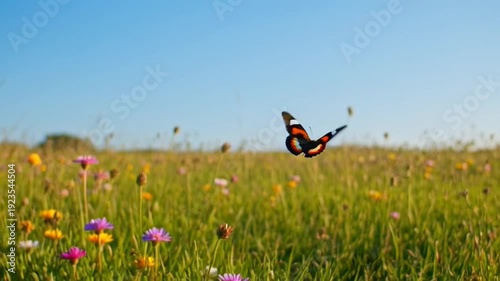 a butterfly runs through a sunny summer meadow of green grass under a clear blue sky, embracing the freedom of nature