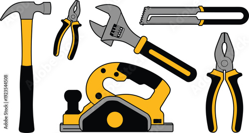 Hand tools collection including hammer, pliers and adjustable wrench, woodworking planer and hand saw, repair equipment vector set