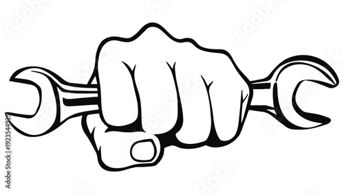A clenched fist firmly gripping a large open ended wrench in black and white