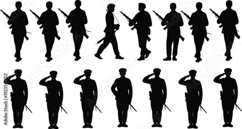 Military soldiers silhouette set with rifles, marching and saluting army personnel collection, defense security service concept