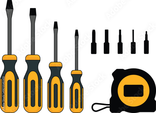 Screwdriver set with interchangeable bits, flat and Phillips heads tools, measuring tape equipment vector illustration