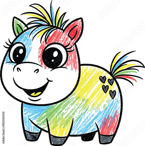 Adorable cheerful cartoon baby pony drawing featuring vibrant rainbow colors and cute sparkling eyes isolated on white background