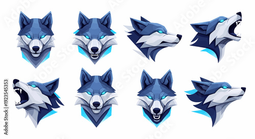 Stylized Wolf Head Pack for Modern Branding Esport Mascots and Wildlife Emblems Blue and White Design Elements Vector Illustration