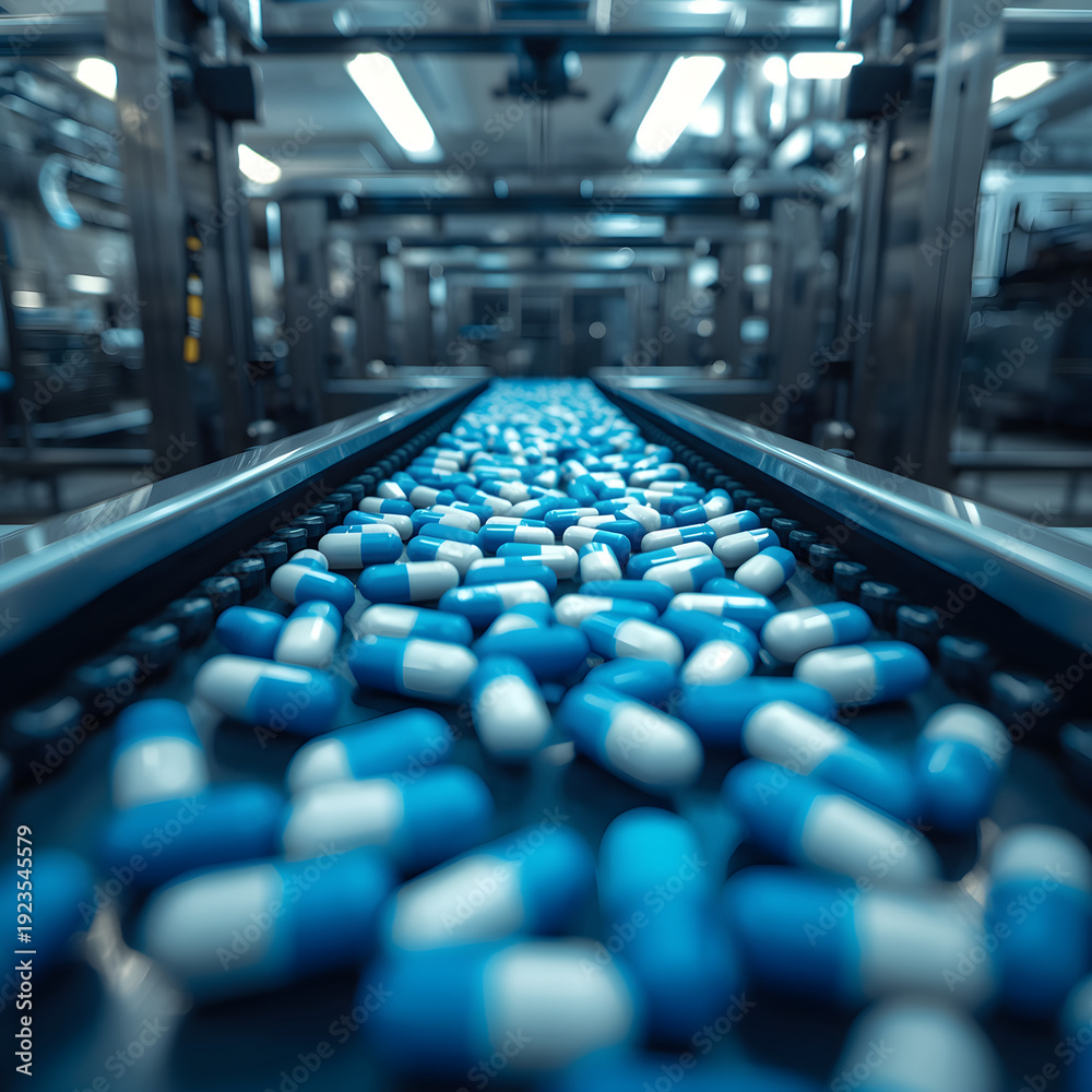 Fototapeta premium Pharmaceutical manufacturing is depicted through a close-up macro perspective of blue and white capsules on a stainless steel conveyor belt in a clean and sterile environment.