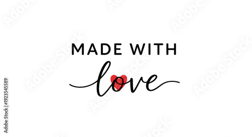 Elegant script design expressing heartfelt sentiment, featuring the phrase "Made with Love" with a charming red heart symbol, ideal for thoughtful gifts, labels, or handcrafted product packaging