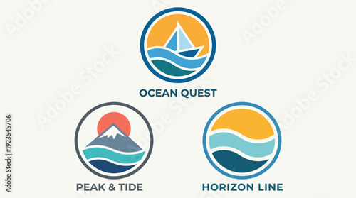 Three distinct logos representing Ocean Quest, Peak & Tide, and Horizon Line, capturing the essence of nautical themes and oceanic adventure.