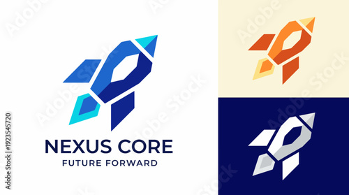 This modern logo design incorporates a sleek rocket element, symbolizing innovation and forward-thinking in technology, representing the Nexus Core brand's future vision.