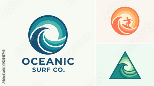 This logo features a stylized wave design in blue and green, ideal for a surf company, emphasizing freshness, movement, and oceanic themes with a modern touch.