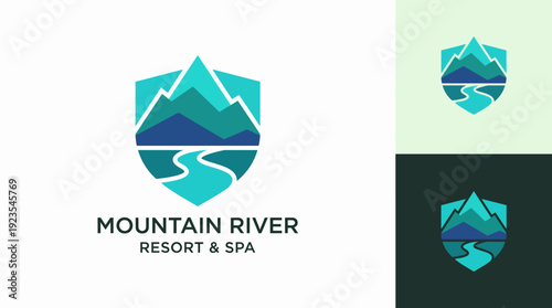 This logo combines mountain and river imagery in a shield shape, evoking a sense of adventure and relaxation, perfect for resorts and wellness retreats.