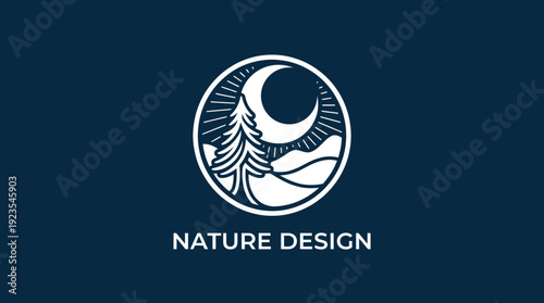 A captivating logo design representing nature, showcasing a crescent moon and pine trees, evoking feelings of tranquility, connection to nature, and outdoor adventures.