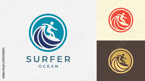 The surfing logo design captures the dynamic energy of ocean waves and a surfer, reflecting excitement, adventure, and the spirit of water-related sports and lifestyle.