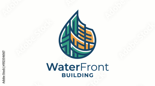 This logo image illustrates a contemporary waterfront building design incorporating a drop shape intertwined with urban elements, symbolizing innovation and modern architecture.