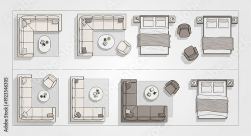 Top-down view of various furniture arrangements for interior design inspiration.