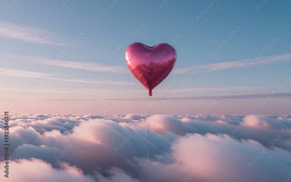 Obraz premium Pink heart balloon floats above fluffy clouds at serene sunrise sky.