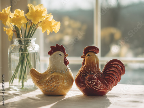 Ceramic rooster and hen figurines with yellow daffodils on sunlit farmhouse table, Easter theme