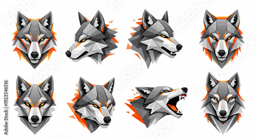 Geometric Wolf Head Designs Collection for Modern Branding and Wildlife Concepts Vector Illustration