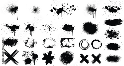 Collection of diverse black grunge paint splatters abstract shapes drips brush strokes and texture elements for graphic design projects