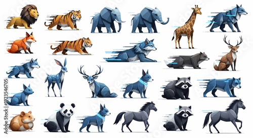 Dynamic Collection of Wild and Domestic Animals in Motion Vector Illustration