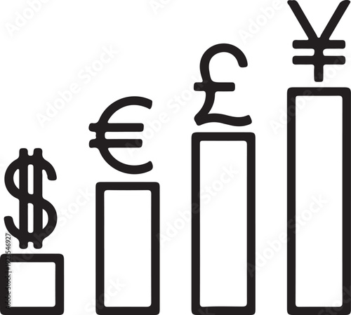Bar chart where each bar transforms into currency symbols at the top, thin outline style, clean geometry, minimal startup aesthetic. in silhouette of white background