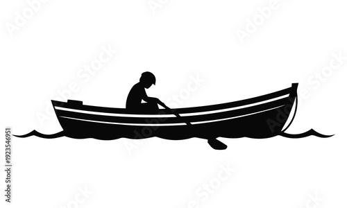 Silhouette of a solitary figure rowing a boat through calm waters, evoking a sense of quiet contemplation and adventure on the sea