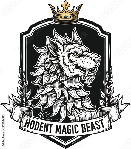 Majestic heraldic crest design featuring a fierce crowned beast with sharp teeth and flowing mane set against a black shield background