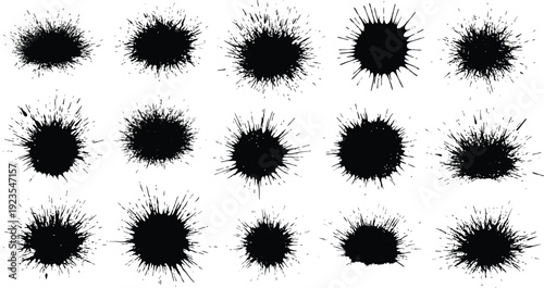 Collection of fifteen distinct black ink splatter brush strokes showcasing various textures and spray patterns ideal for grunge design elements