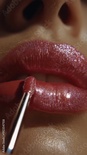 Sensual macro close-up of a beautiful woman's face displaying glamorous red lipstick