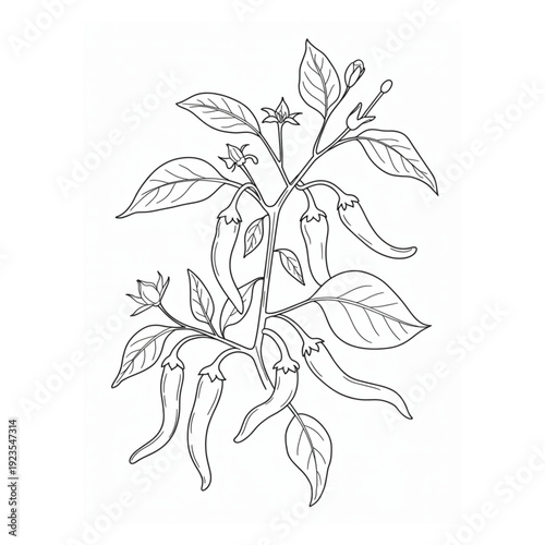 Tableau sur toile Chili pepper plant line art illustration, vintage botanical sketch of hot pepper