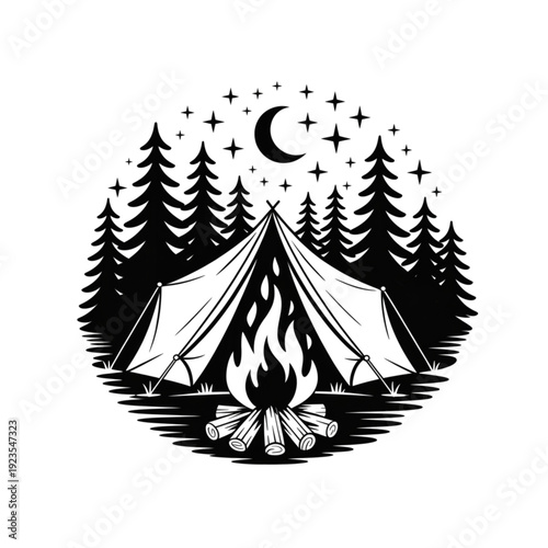 Camping tent and campfire vector illustration, night forest circular emblem for outdoor adventure and hiking branding