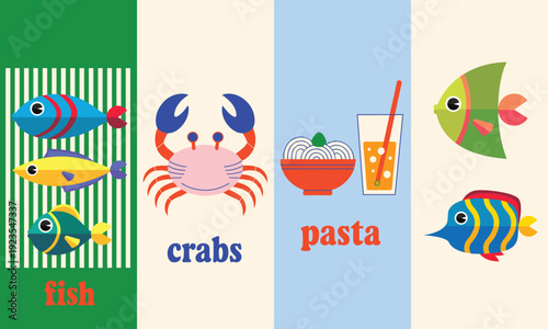 Vibrant, flat-design illustrations of stylized seafood and pasta dishes in an inviting grid, with bright, even lighting on a clean graphic background.