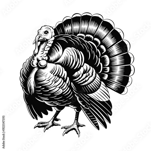 Traditional turkey bird vector illustration, vintage woodcut style poultry silhouette for Thanksgiving and farm branding