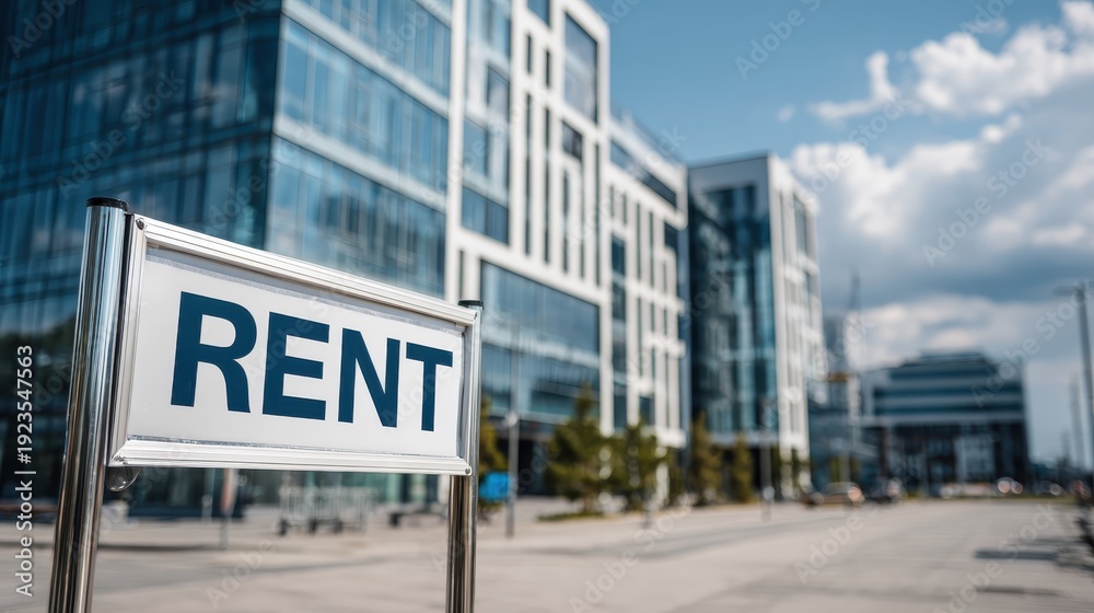 Obraz premium Urban Commercial Real Estate Rent Sign with Modern Office Buildings in Background Under Clear Blue Sky and Clouds, Ideal for Property Advertisement and Leasing
