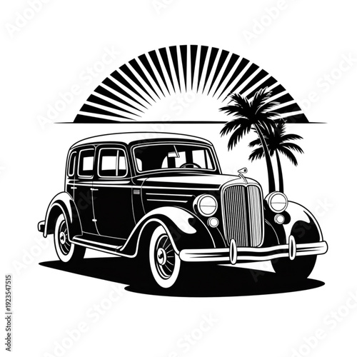 Vintage classic sedan vector illustration, retro car with palm trees and sunburst for tropical travel and garage decor