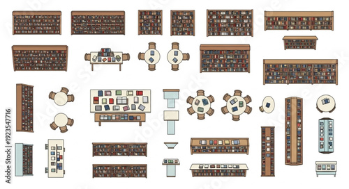 Collection of various furniture pieces, including tables, shelves, and cabinets, in a top-down view.