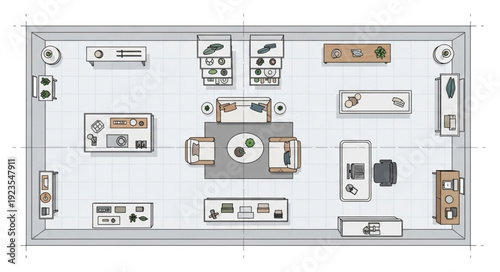Top-down view of a modern retail store layout with various displays and furniture.