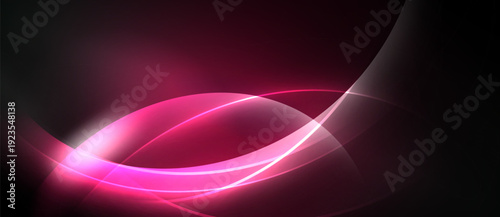 Abstract design features flowing pink lines against dark background. Smooth curves create dynamic visual impact. Modern, elegant aesthetic.