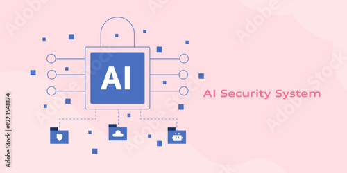 AI core processor connected with encrypted data container, scalable cloud storage and autonomous AI assistant, secure digital lock architecture.