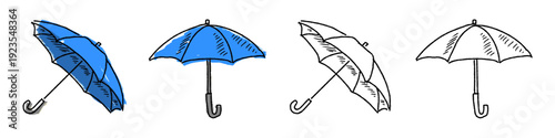 Set editable sketch drawing umbrella vector for insurance websites. Ideal for symbolizing financial protection, weather safety, and sketchy risk management concepts.