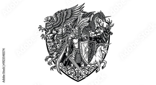 Majestic medieval knight stands proudly upon a shield surrounded by powerful heraldic mythical beasts in detailed black and white illustration