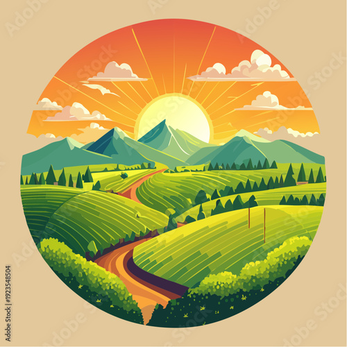 田舎の緑豊かな土地と夕日風景