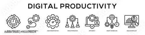  Digital Productivity web banner icon vector illustration concept for business with icon of Digital Productivity, Smart Efficiency, Task Prioritization, Time Optimization, Efficiency, Smart Workflow,.