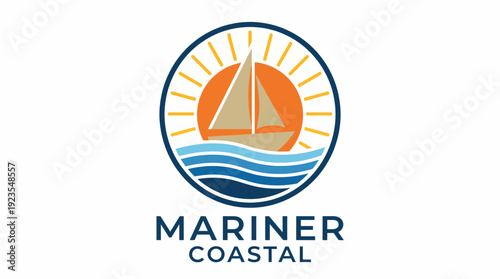 This logo design represents Mariner Coastal, featuring a sailboat against a sunset with waves, embodying the spirit of coastal adventures and maritime experiences.
